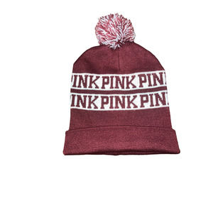 PINK‎ Victoria's Secret Beanie Hat With Pom Pom On Top Red And White